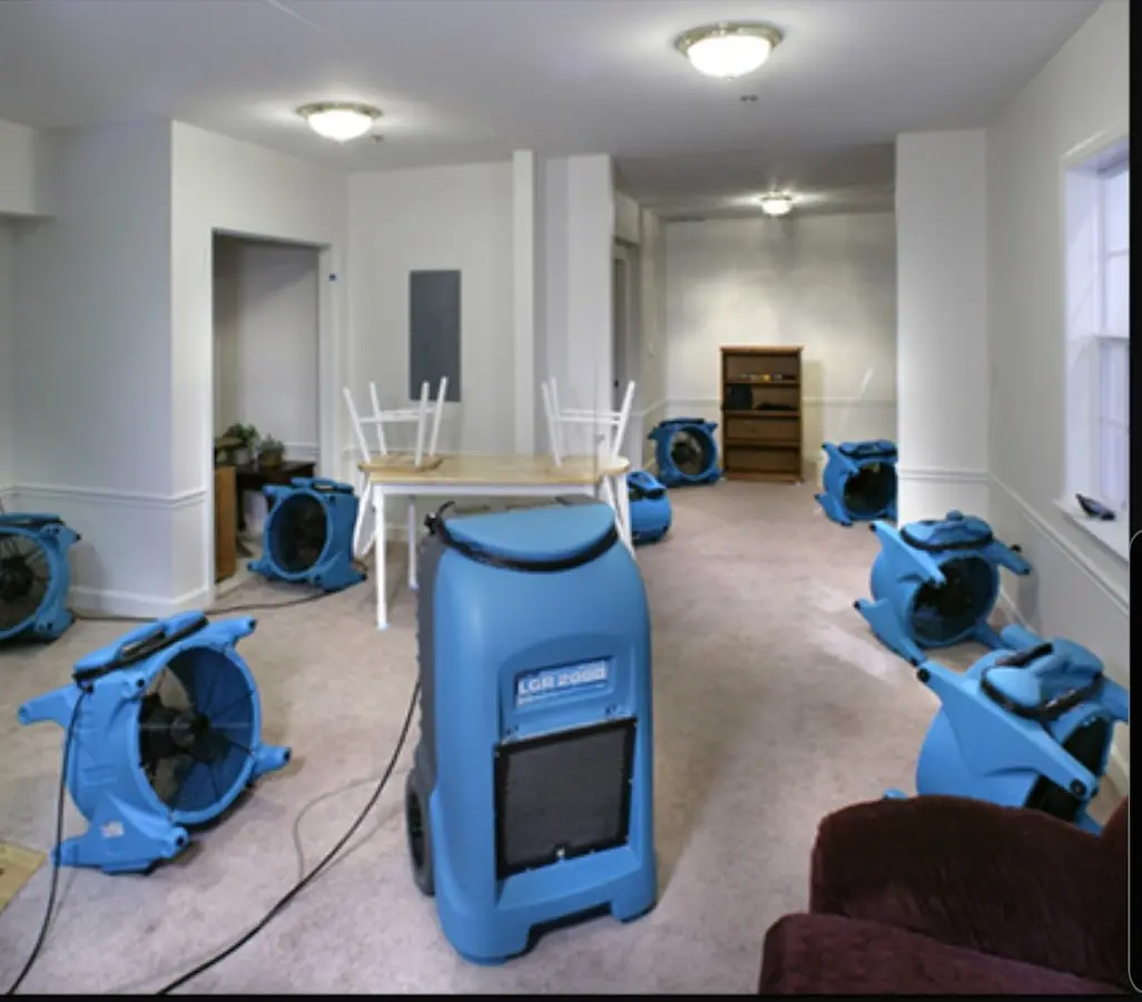 Air movers and dehumidifier setup for Water Extraction & Removal in Duxbury